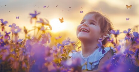 Wall Mural - A young girl is standing in a field of flowers, surrounded by butterflies