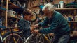 © Sasint - Senior man showing a young boy how to fix a bicycle in a garage