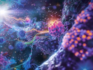 Wall Mural - abstract digital illustration depicting a vibrant, glowing cluster of cells with intricate connectio