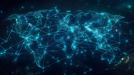 Wall Mural - Digital world map planet Earth space global globe sky space 5G wireless network AI big data communication pathways science technology web internet connection transmission cyber cloud computing online