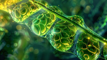 Wall Mural - abstract image of a chain of green cells, each with a textured surface, connected by thin lines, glo