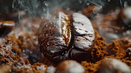 Canvas Print - Detailed Macro Shot of an Aromatic Coffee Bean Exuding Rich Oils Copy Space for Text