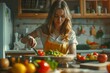 © DigitArt - Portrait of a beautiful young woman wearing an apron preparing food in the kitchen at home, cooking a healthy meal with vegetables and fruits