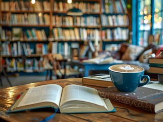 Poster - Cozy Library Cafe Student Studying Amidst Books and Coffee