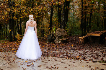 Wall Mural - A bride stands facing away, showcasing her elegant wedding dress in various serene and picturesque settings, capturing the quiet moments of reflection and anticipation before the ceremony.