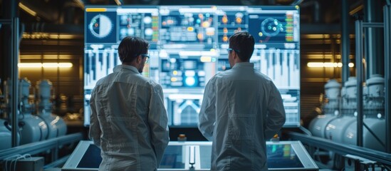 Two Men in White Coats Observe Data on Large Screens