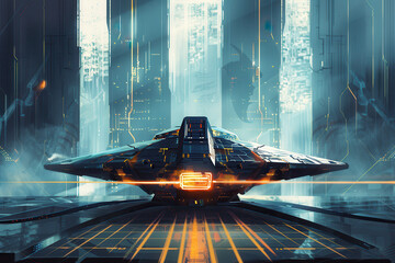 Wall Mural - Futuristic Cityscape with Spaceship Landing