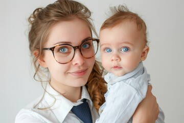 Wall Mural - A woman is holding a baby and the baby is wearing a tie