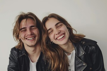 Wall Mural - A young man and woman are smiling and hugging each other