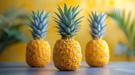 A pineapple sits on a wooden table in front of a yellow wall. The pineapple is the main focus of the image, and it is the only object in the scene