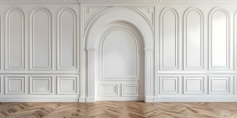 Wall Mural - White Arch Wall Skirting Board and Wooden Floor in a Living Room. Concept Living Room Decor, Interior Design, White Arch Wall, Skirting Board, Wooden Floor