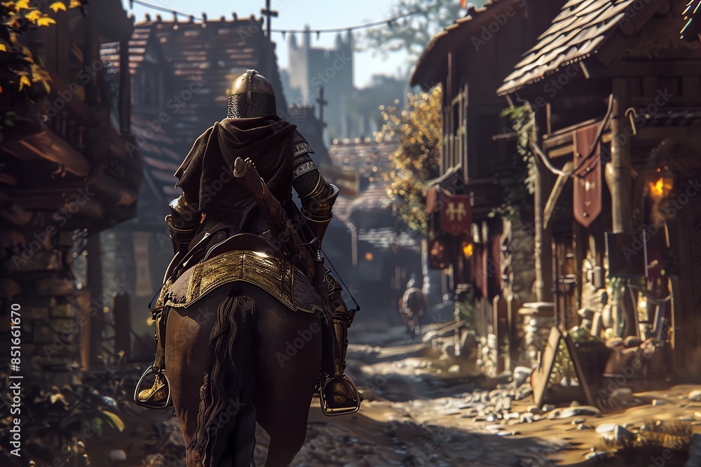 Medieval knight on horseback rides through a cobblestone village street ...