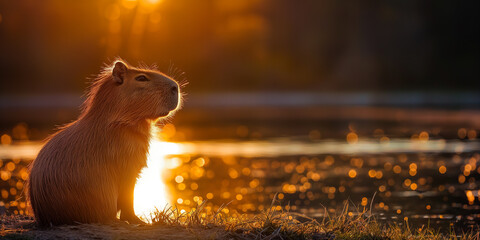 Adorable Capybara Relaxing in Lake at Sunset, Cute Rodent with Copyspace