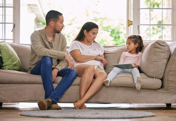 Poster - Home, parents and daughter on couch, tablet and teaching online safety in living room, talking and care. Relax, apartment and father with mother, girl and kid with tech, social media and digital app