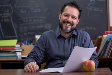 Wall Mural - A man is sitting at a desk with a piece of paper and an apple