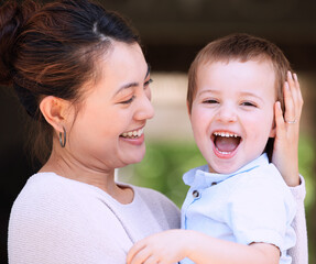 Wall Mural - Backyard, excited and mother with toddler, portrait or happiness to relax with family, love or care on porch. Kid, proud mom or boy child with support, trust and smile for bonding together in home