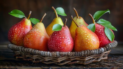 Sticker - A vibrant depiction of a basket of freshly washed pears with water droplets, highlighting the rich colors and textures