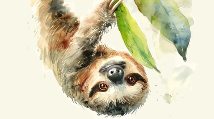 Poster - A watercolor painting of a sloth hanging upside down in a tree.