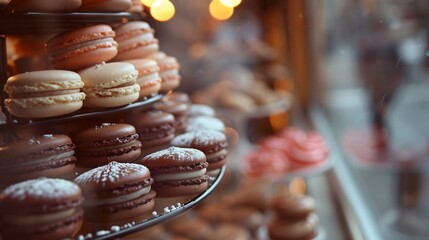 A bakery storefront window filled with beautifully displayed macaroons, attracting passersby with their bright colors and enticing flavors, set against a bustling street backdrop