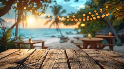 The image captures a refreshing beach atmosphere from the perspective of a wooden table adorned with lights