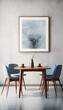 © HecoPhoto - Blue modern dining room interior with a wooden table chairs vase and abstract painting on the wall