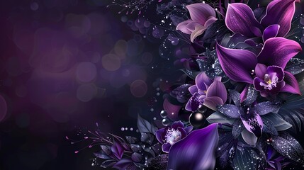 Canvas Print - Purple flowers with glittering accents on a dark purple background.