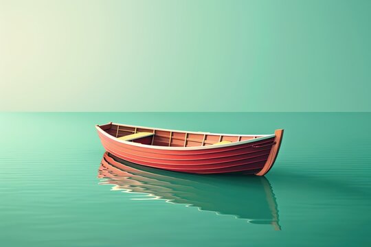 A 3D maroon boat is floating on a teal background