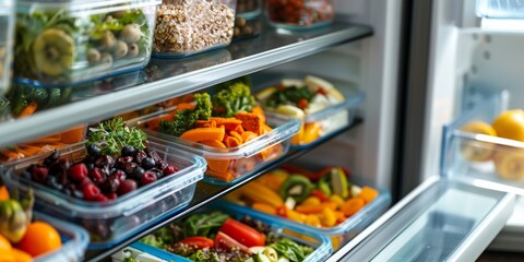 Refrigerator filled with lunch boxes for healthy meal preparation, fast food, organic food, delicious, lunch, vegetables, fruits, imported, green food, high quality life, office worker, food, healthy 