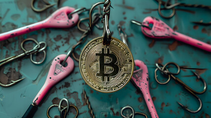 Wall Mural - Bitcoin cryptocurrency scam or fraud. A bitcoin with fishing hooks. Online digital currency risk