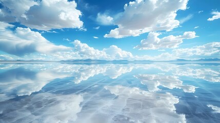 Wall Mural - Lake Uyuni Salar in Bolivia. Beautiful reflection of clouds. Dreamy travel concept shot.