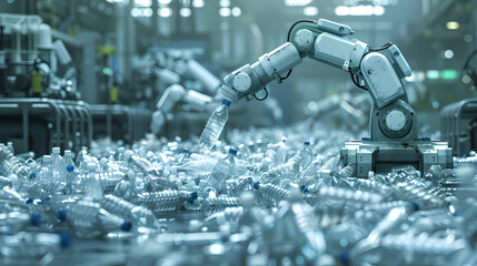 Poster - A robot arm is picking up plastic bottles in an industrial factory. with other machines and robots that work in different recycling stages