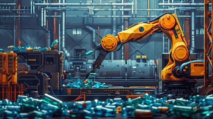 Poster - A robot arm is picking up plastic bottles in an industrial factory. with other machines and robots that work in different recycling stages