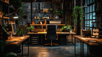 Wall Mural - Modern and stylish office workspace with ample shelving, plants, and contemporary furniture creating a productive and aesthetically pleasing environment