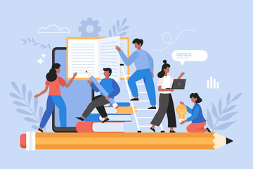 Wall Mural - back to school and education concept. modern vector illustration of students studying online and rea