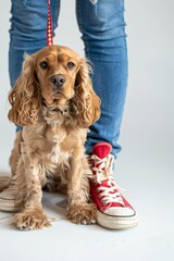 Poster - A woman is standing next to a dog wearing a red shoe