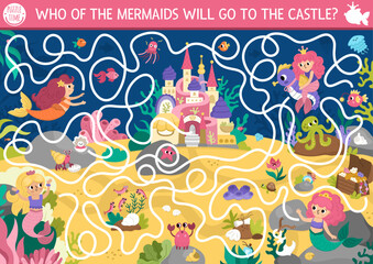 Wall Mural - Mermaid maze for kids with sea bed landscape, princess, castle. Marine preschool printable activity. Fairytale ocean kingdom labyrinth game, puzzle. Worksheet with palace, treasure chest.
