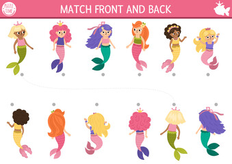 Wall Mural - Mermaid matching activity with front and back mirror view. Marine puzzle with sea princess reflections. Match the objects game. Ocean kingdom printable worksheet. Fairytale logical match up page.