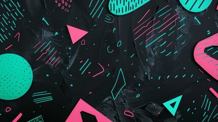 Canvas Print - black, green mint, and pink magenta colors. shapes and lines filled in the background
