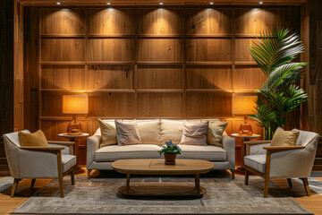 Wall Mural - minimalist living room with wooden paneling walls, beige sofa and armchairs, coffee table, warm lighting. 