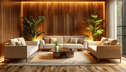 Wall Mural - minimalist living room with wooden paneling walls, beige sofa and armchairs, coffee table, warm lighting. 