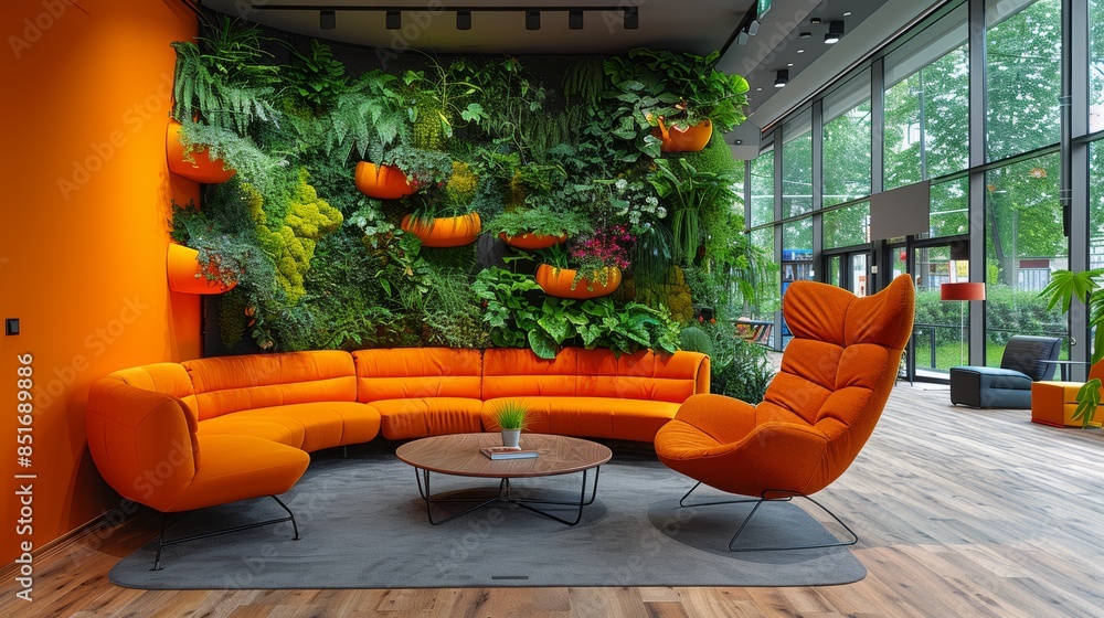 A modern office lounge with a vibrant orange sectional sofa and ...