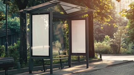 Poster - bus shelter blank ad panel billboard display empty white lightbox sign at busstop glass and aluminum structure city transit station urban street and green park setting outdoor advertis : Generative AI