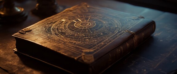 An ancient leather-bound tome radiating holographic graphs