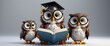 © Panuwat - Trio of 3D cartoon owls one reading