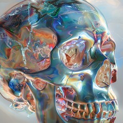 Wall Mural - unique glass skull sculpture with colorful reflections displayed against a light background