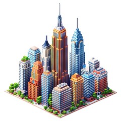 3D Pixel art of a Skyscrapers, isometric style, Attractive colors, isolated on white background, centered in frame