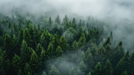 Wall Mural - foggy forest landscape view from above