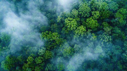 Wall Mural - foggy forest landscape view from above