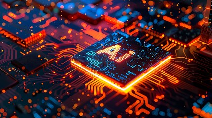 AI Microchip with Glowing Circuitry in Futuristic High-Tech Setting