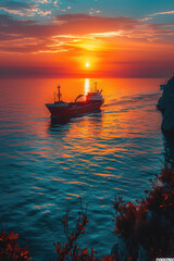 Wall Mural - The morning sun rises over the horizon of turquoise sea